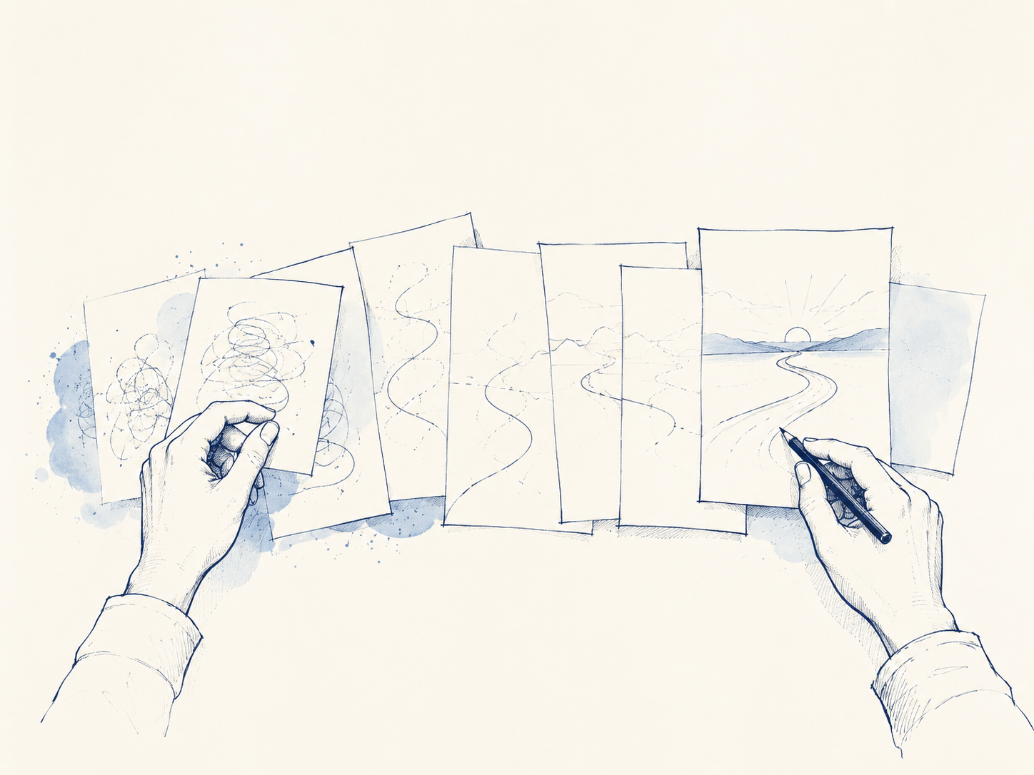Hands revising a series of pages